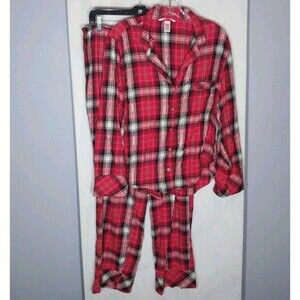 Victoria’s Secret L Red Plaid Metallic Flannel Pajama Set 2 Piece Cozy Winter